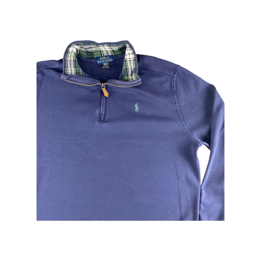 Polo Ralph Lauren Navy Blue Plaid Collar Quarter Zip Sweatshirt XL TG 18 20
